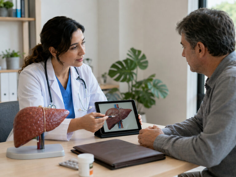 Médecin expliquant l’hépatite C chronique à un patient lors d’une consultation