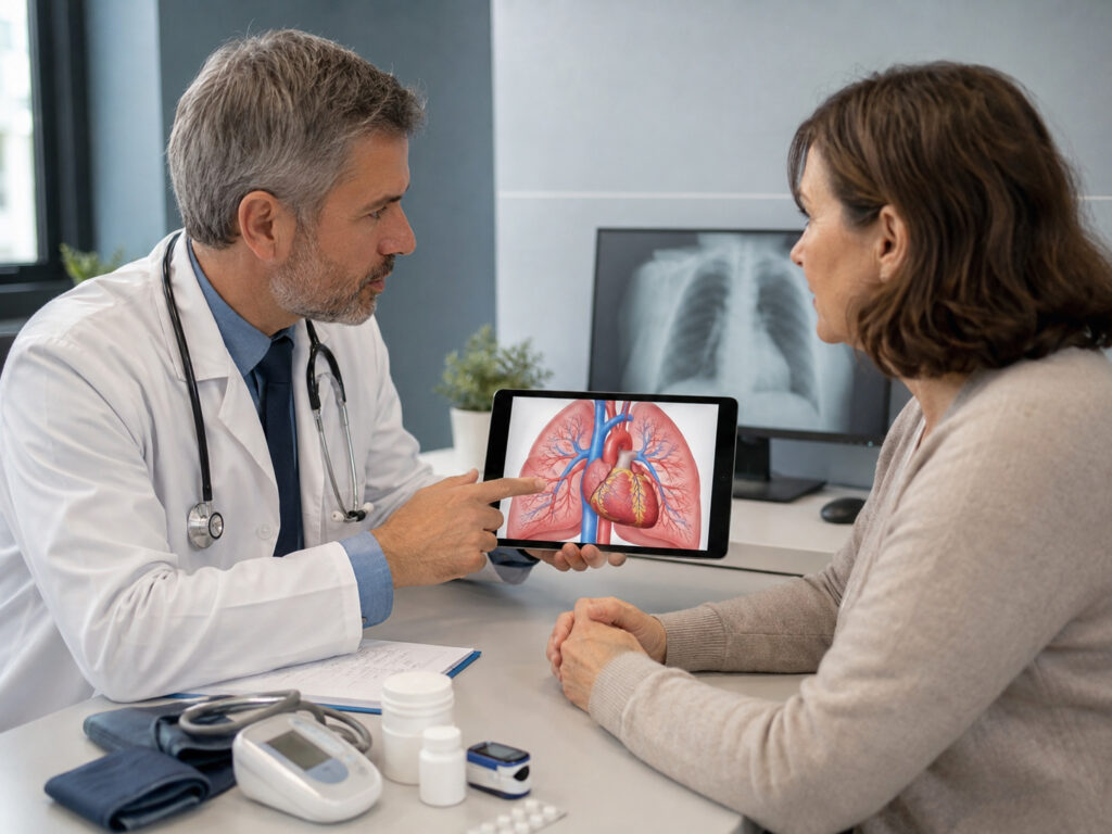 Médecin expliquant l’hypertension pulmonaire et ses effets sur le cœur à une patiente