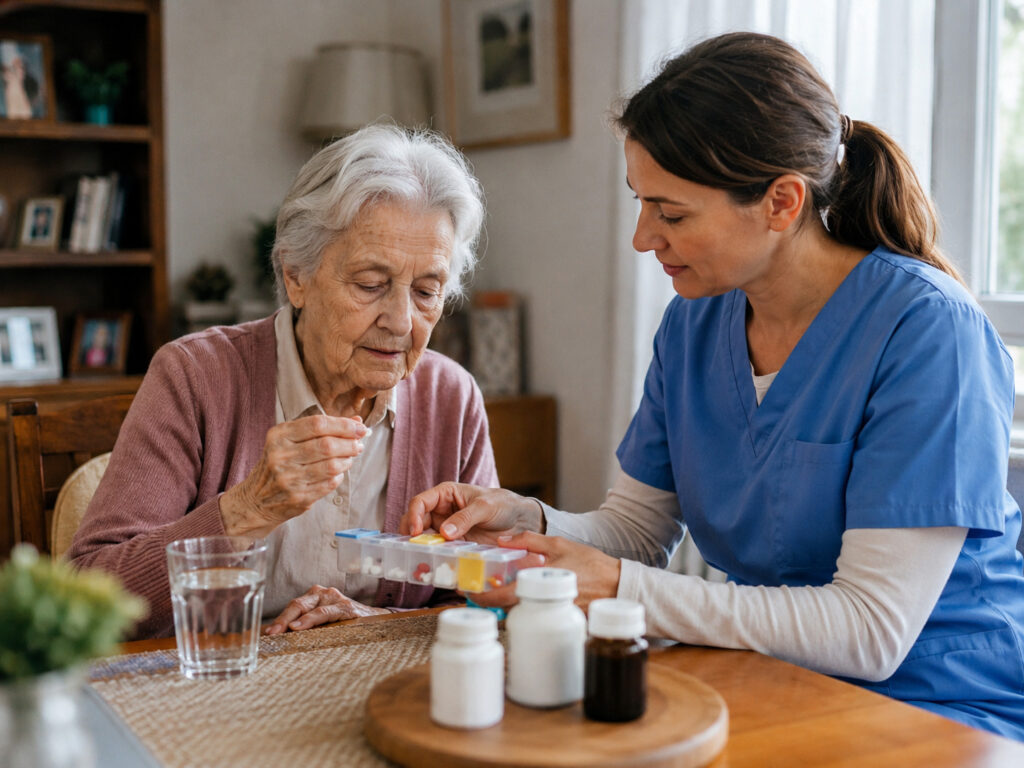 Aidante accompagnant une personne atteinte de la maladie d’Alzheimer dans la prise sécurisée de son traitement oral