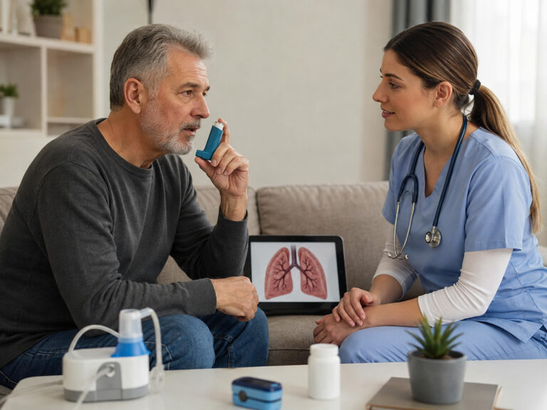 Patient atteint de BPCO utilisant un inhalateur lors d’un accompagnement pour la gestion prolongée de l’obstruction des voies respiratoires
