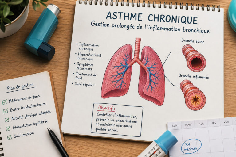Illustration de l’asthme chronique montrant l’inflammation des bronches et les éléments de gestion du traitement au long cours