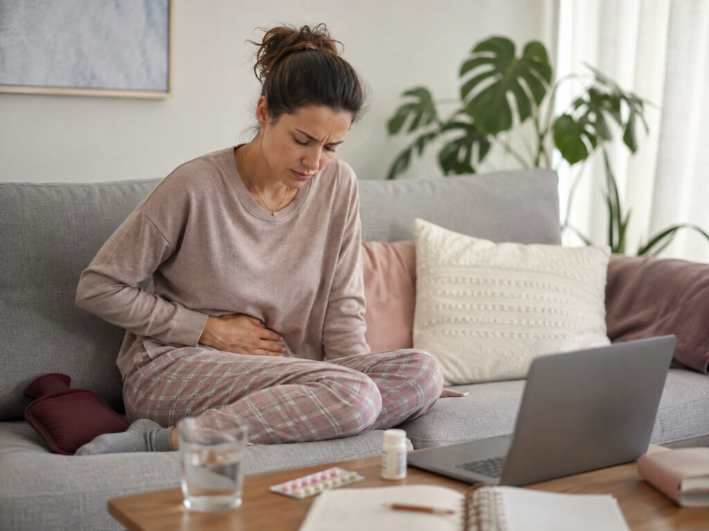 Femme souffrant d’endométriose au quotidien avec traitement hormonal à domicile