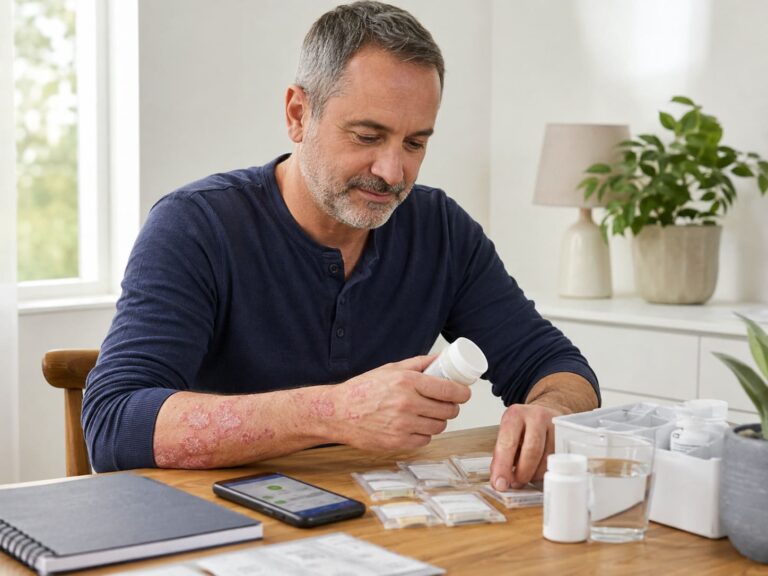 Patient atteint de psoriasis chronique organisant son traitement systémique à domicile avec ReMed
