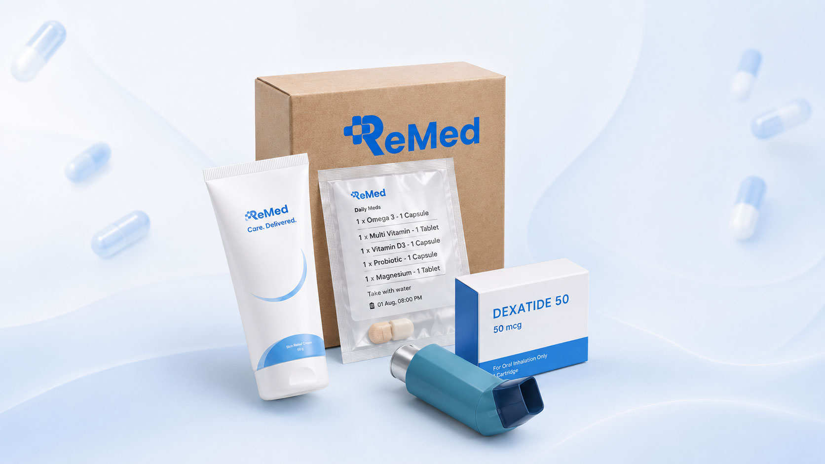 Box ReMed avec sachet-dose personnalisé, crème et inhalateur