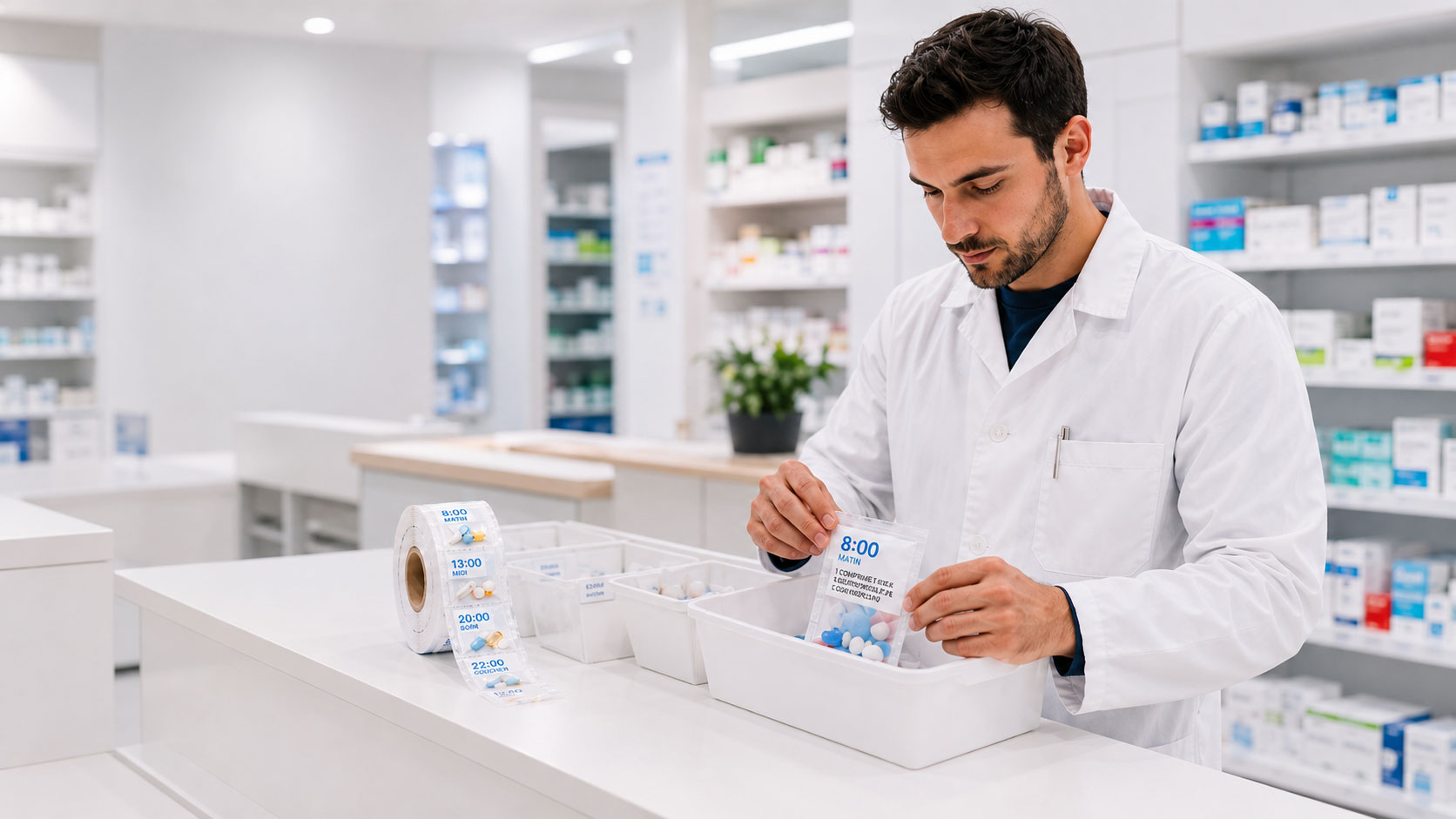 pharmacien qui prépare les sachets dose