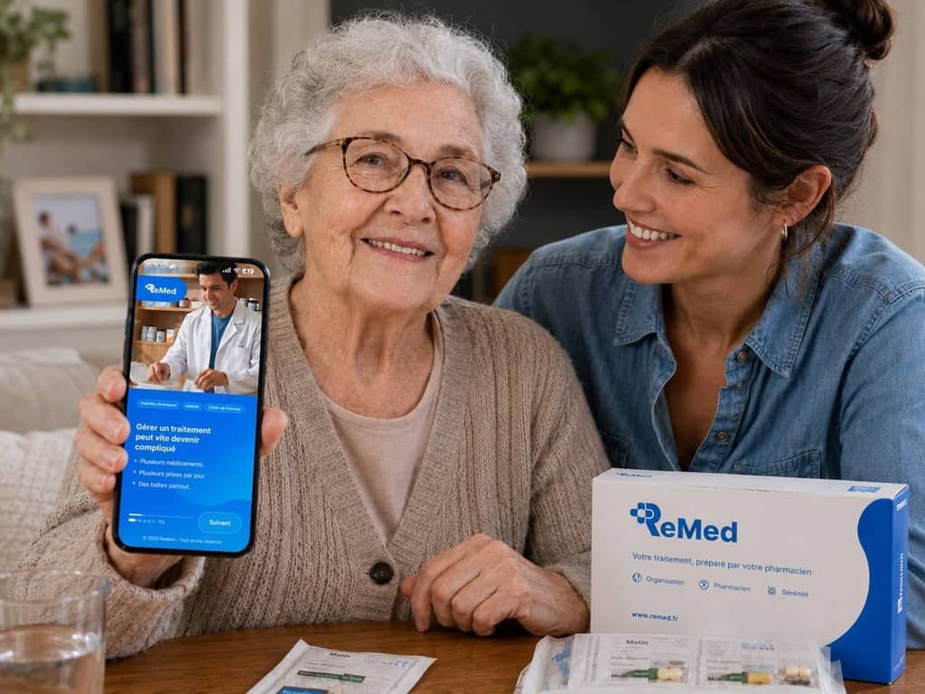 Une patiente agée qui présente l'application de livraison de médicaments Remed
