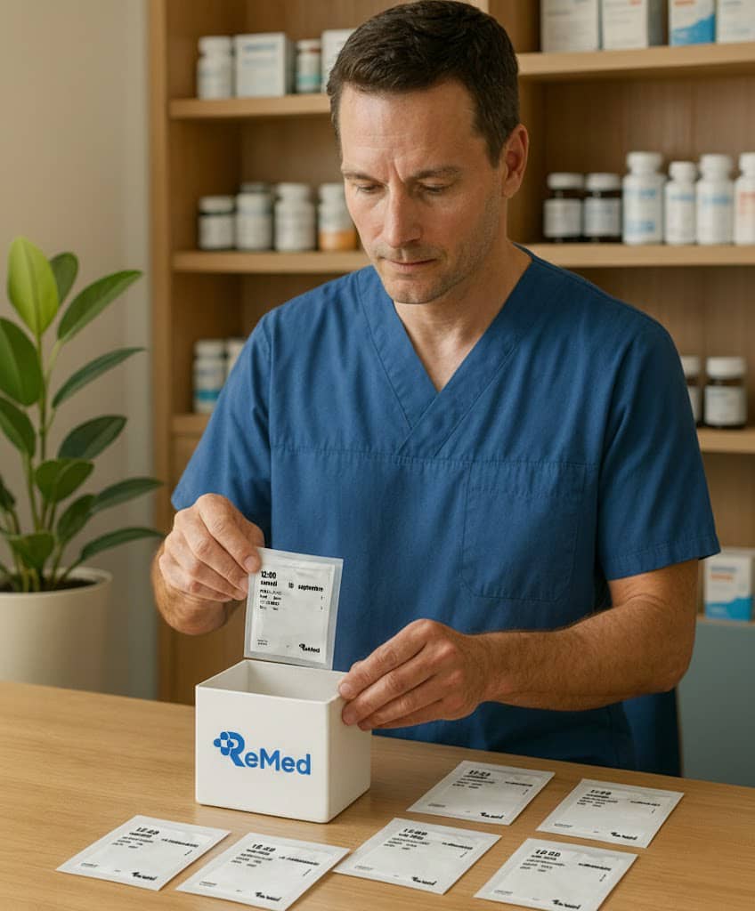 Pharmacien préparant des sachets de médicaments avec ReMed