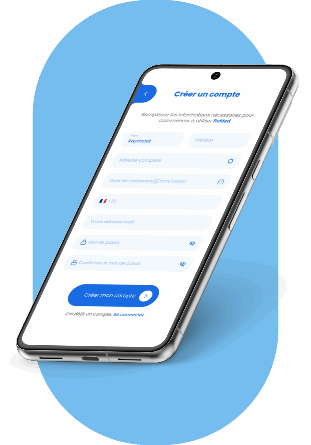 Écran de création de compte sur l’application mobile ReMed avec formulaire d’inscription sur smartphone.