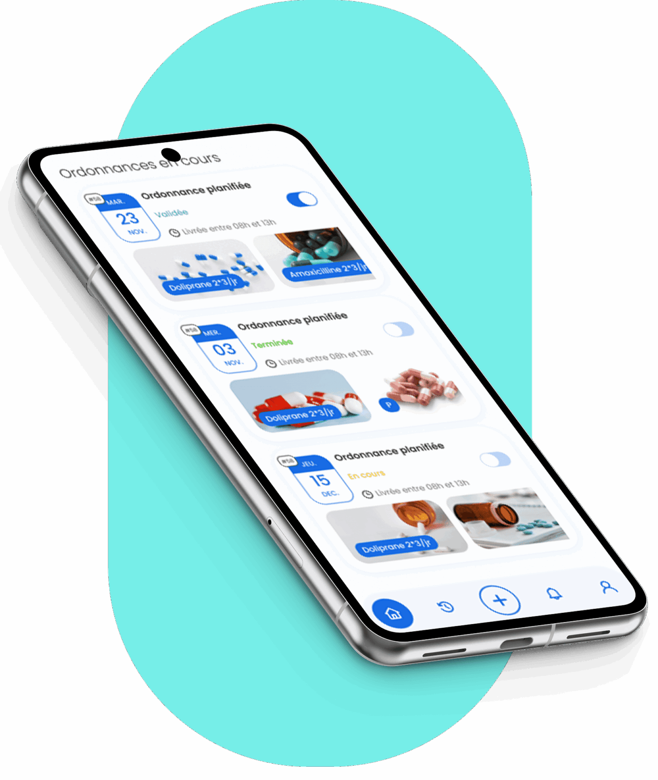 Application mobile ReMed sur smartphone affichant la liste des ordonnances en cours et le suivi des traitements médicaux.