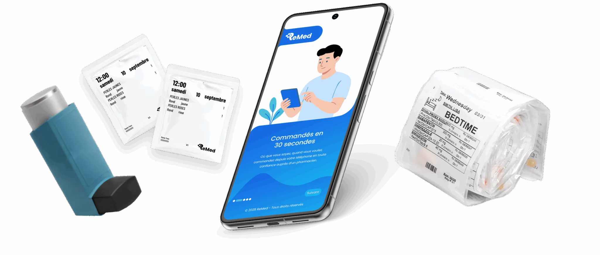 Application ReMed sur smartphone avec un inhalateur, des sachets de médicaments et un pilulier pour le suivi des traitements.