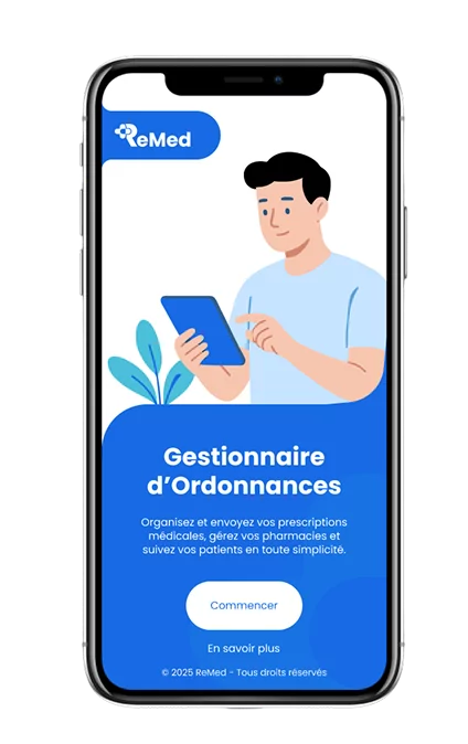 Application mobile ReMed affichant l’écran d’accueil du gestionnaire d’ordonnances pour organiser et suivre les prescriptions médicales.