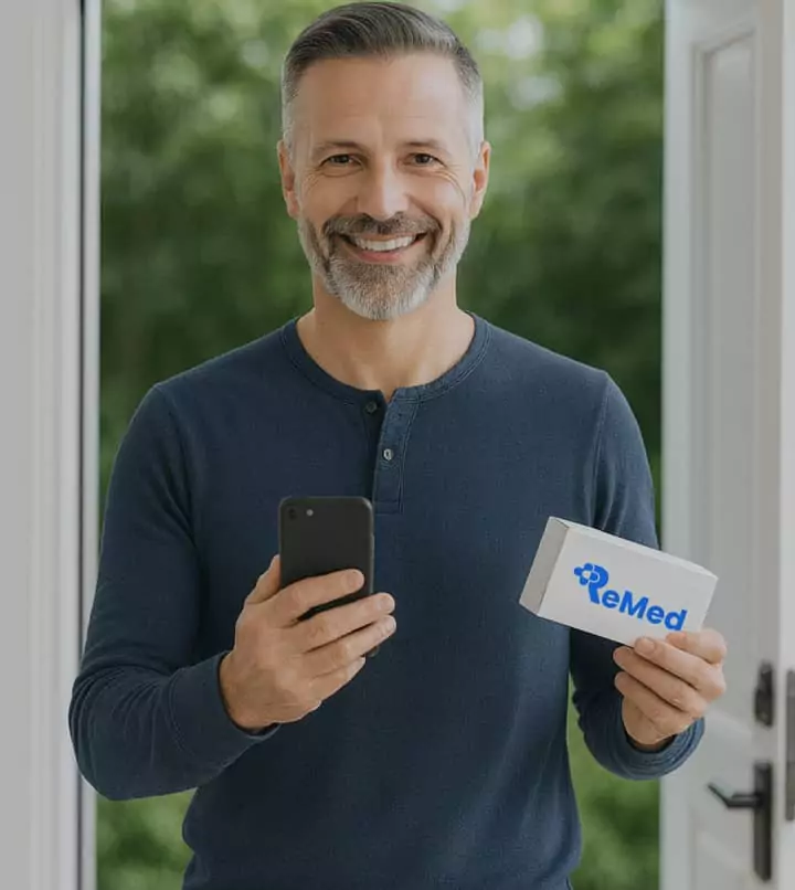 Homme souriant tenant un smartphone et un colis de médicaments ReMed pour le suivi de son traitement à domicile.