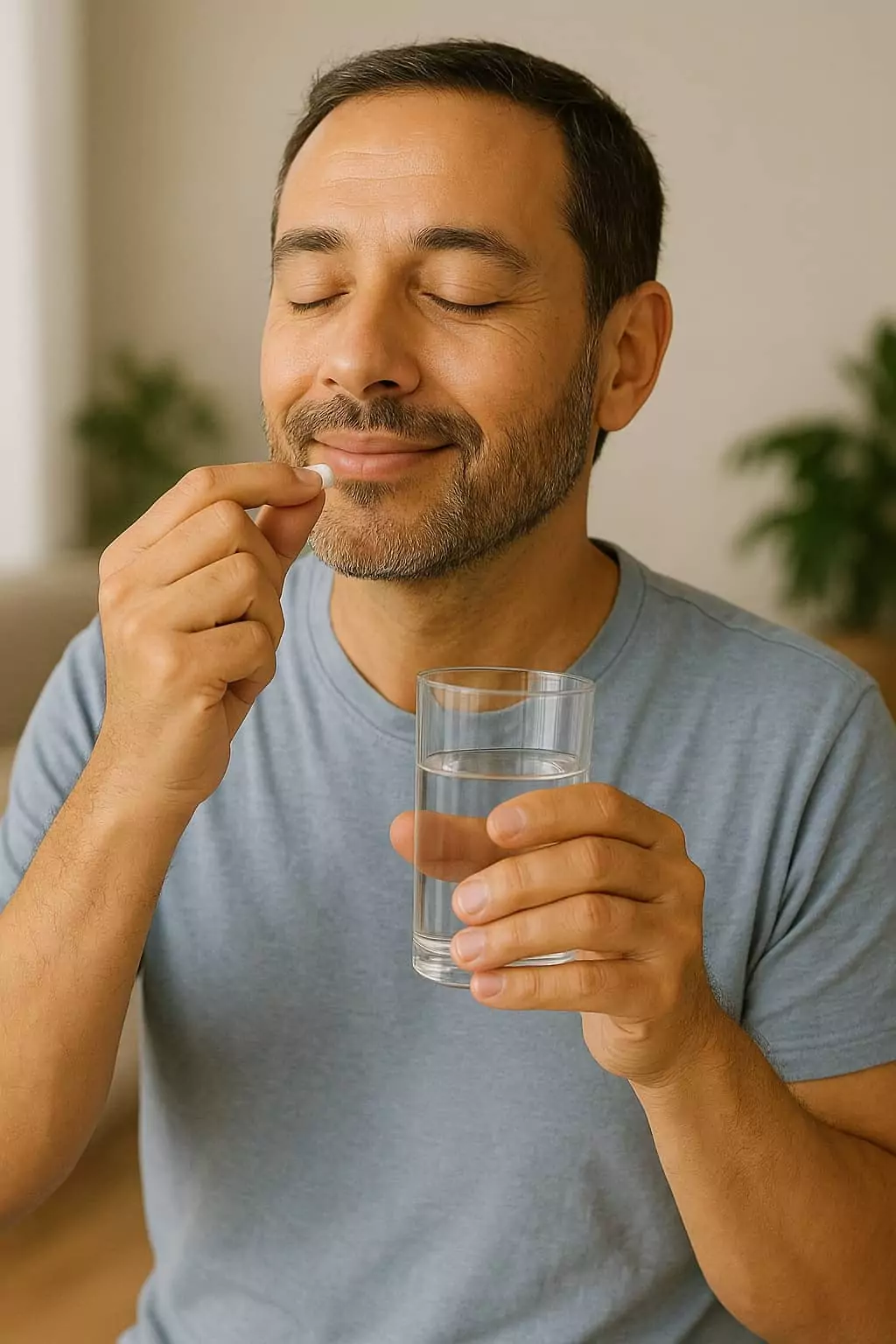 Homme prenant un médicament avec un verre d’eau à domicile pour suivre son traitement médical.