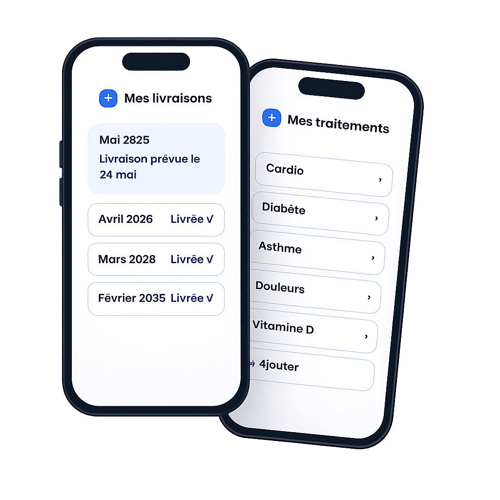 Application ReMed sur deux smartphones affichant le suivi des livraisons de médicaments et la gestion des traitements.