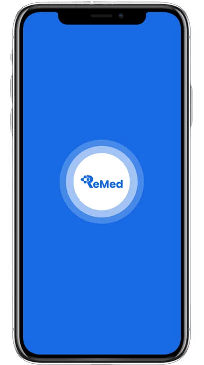 Écran de démarrage de l’application mobile ReMed sur smartphone avec le logo sur fond bleu.