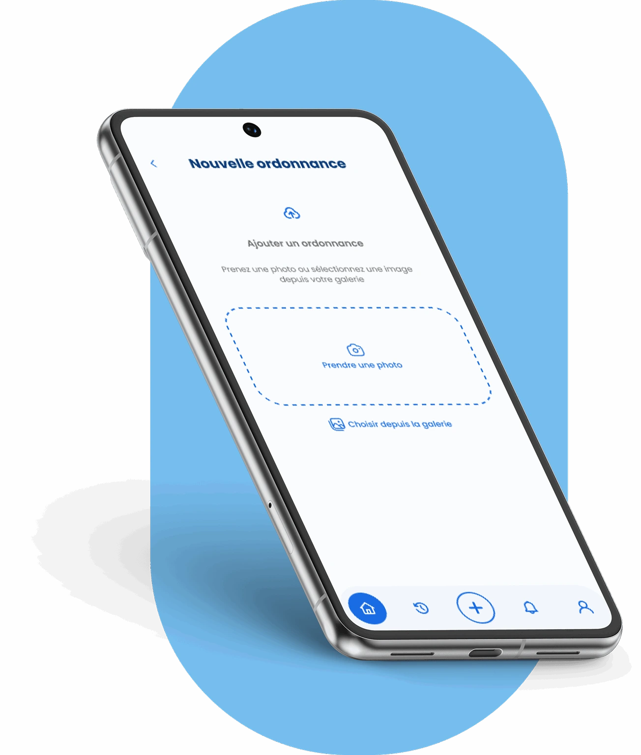 Application mobile ReMed sur smartphone affichant l’ajout d’une nouvelle ordonnance médicale par photo ou depuis la galerie.