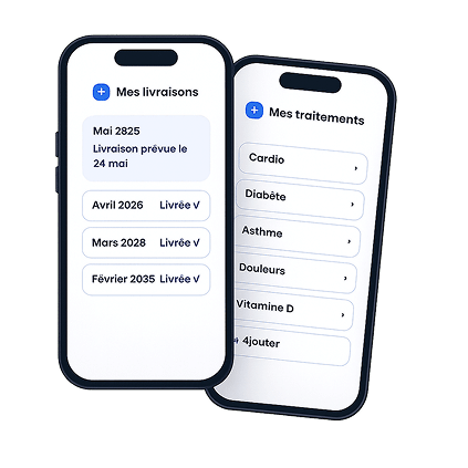 Application ReMed sur deux smartphones affichant le suivi des livraisons de médicaments et la gestion des traitements.