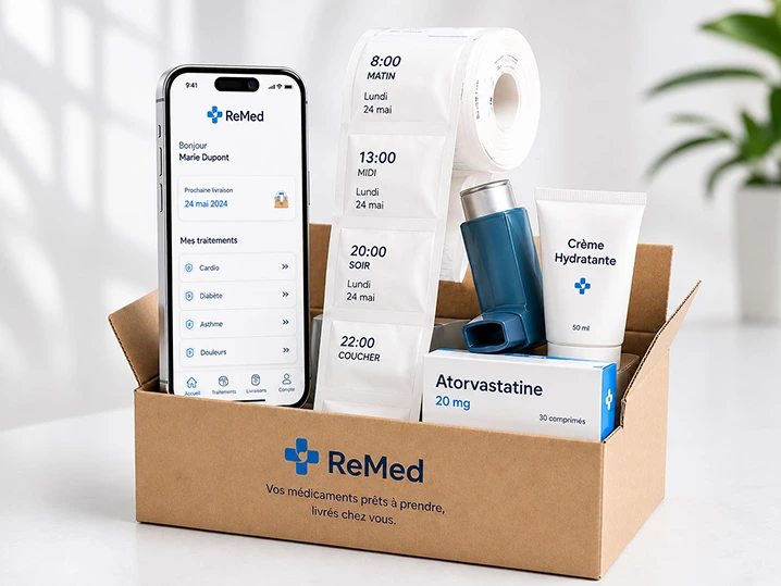 Livraison de médicaments à domicile avec ReMed et suivi des traitements sur smartphone.